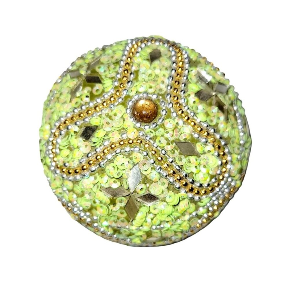 Vintage Round Nesting Trinket Boxes Green Beaded and Mirrored Four in One